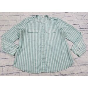 Calvin Klein WOMENS XL Green Striped Long Sleeve Button Down Blouse V Neck